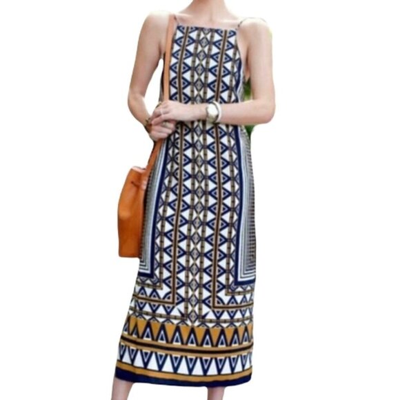 Topshop Womens Blue Sleeveless Aztec Bohemian Side Slits Midi Shift Dress Size 4 - Picture 1 of 10